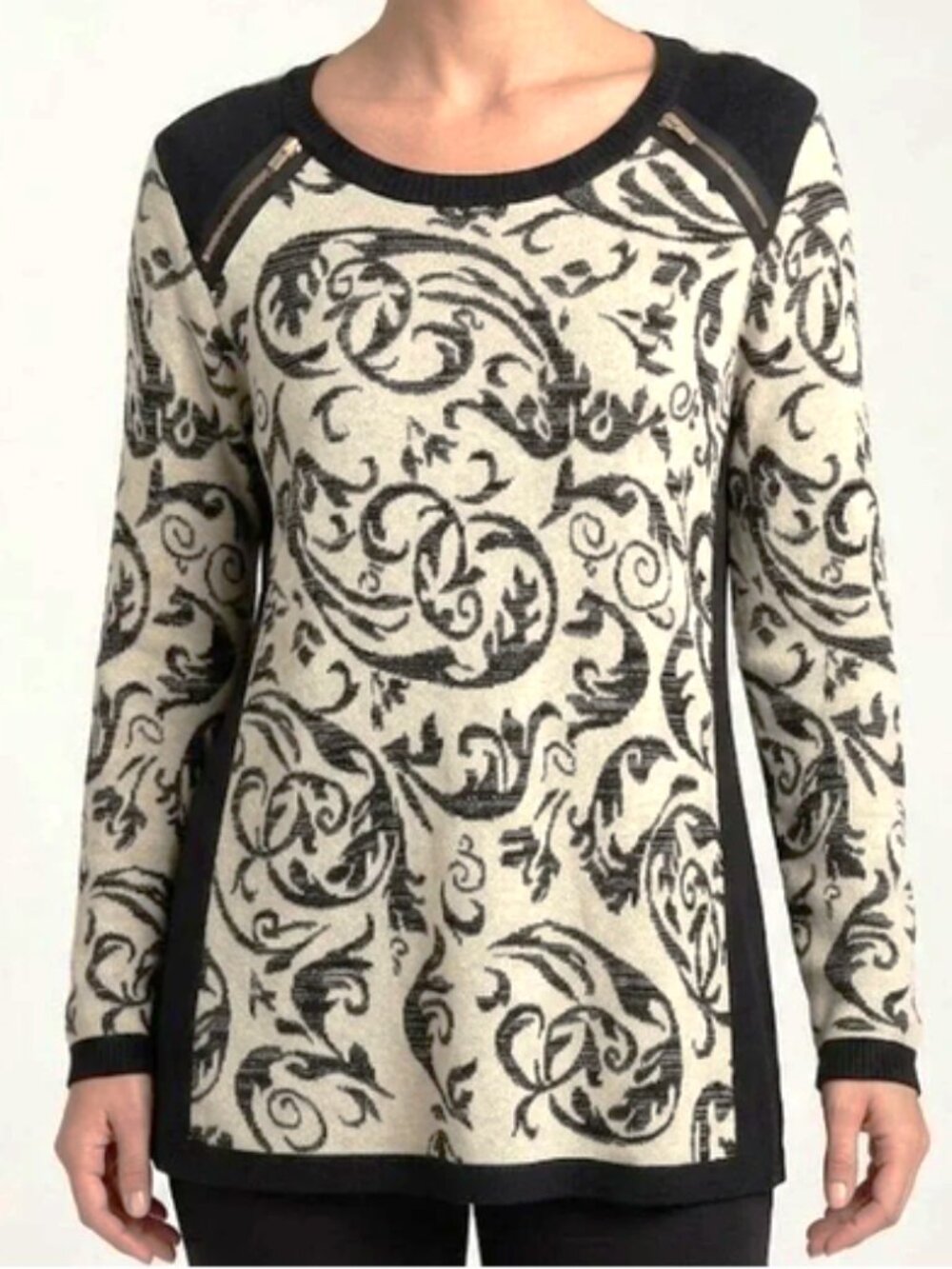 Chico's Gold Metallic Thread Zipper Detail Accent Sweater size 3